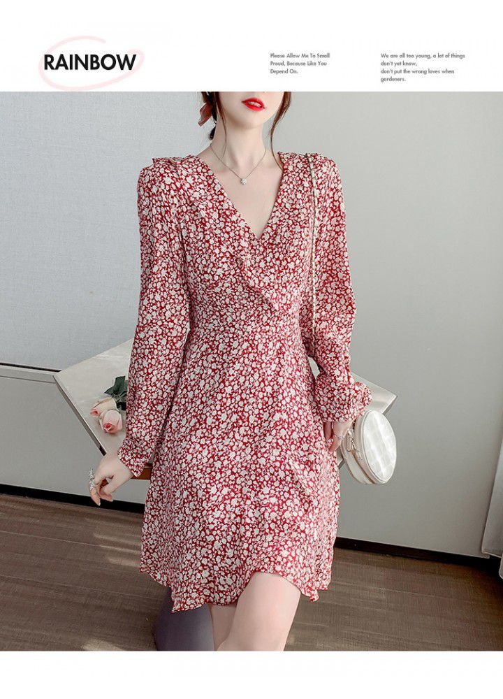 2021 spring and summer new fashion V-neck small fresh retro printed floral skirt Long Sleeve Chiffon dress for women
