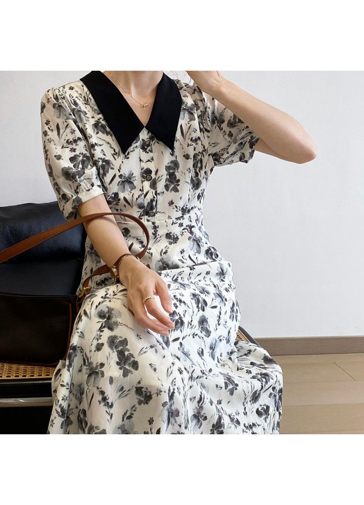 The fall of taochuan in early summer: French Hepburn dress women's 2021 Chiffon bubble sleeve contrast skirt 1952