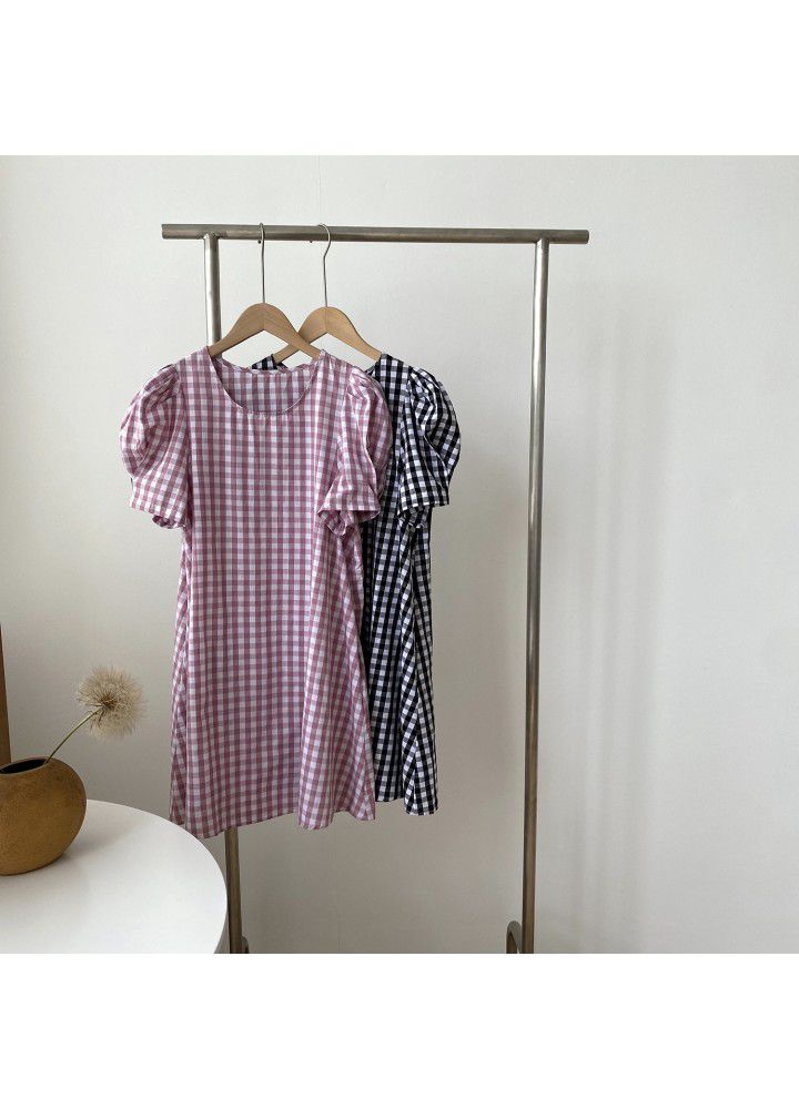 Zhicongxi 2021 summer new Korean retro Plaid round neck bubble sleeve medium length casual dress women's 1799