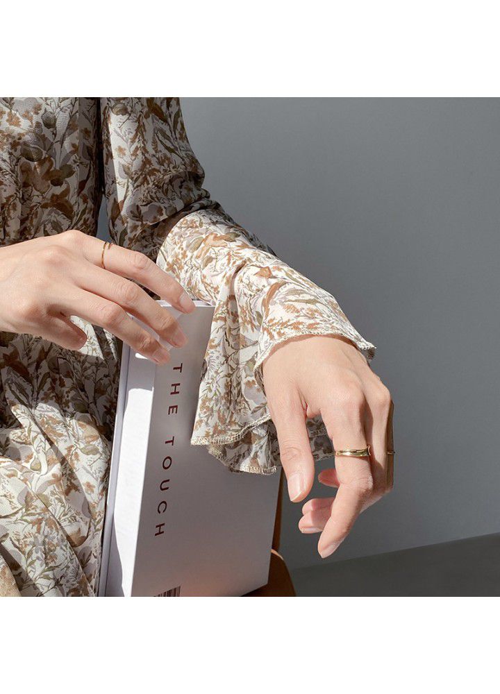 Zhicong evening waist V-neck trumpet sleeve floral dress spring summer 2021 new loose long sleeve dress 3367
