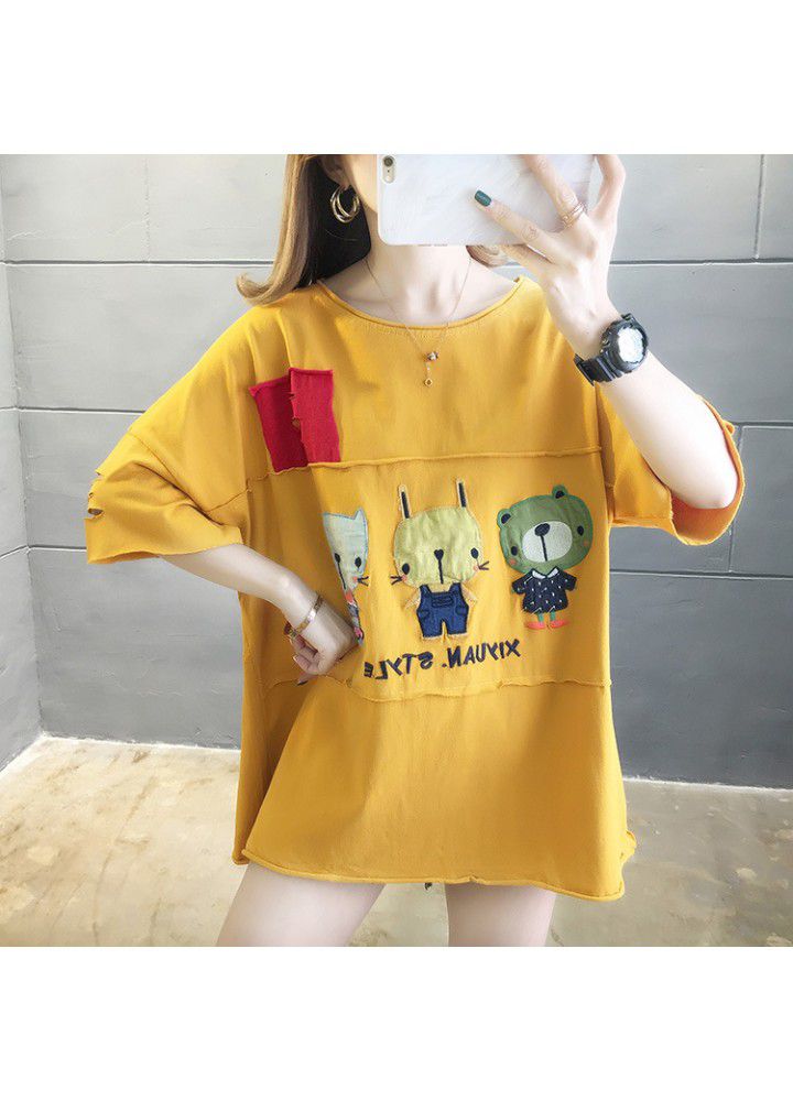 Large size short sleeve T-shirt women's loose 2021 new summer Korean women's dress fat mm foreign style thin cover belly top