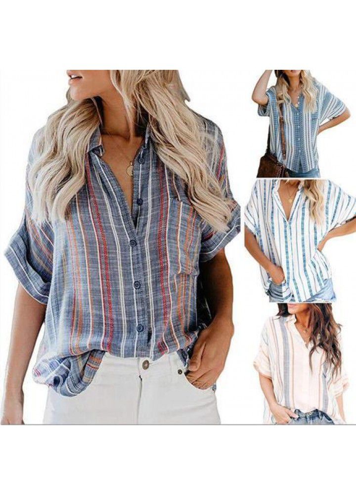 Cross border wish Amazon eBay large size cardigan blouse striped pocket short sleeve blouse