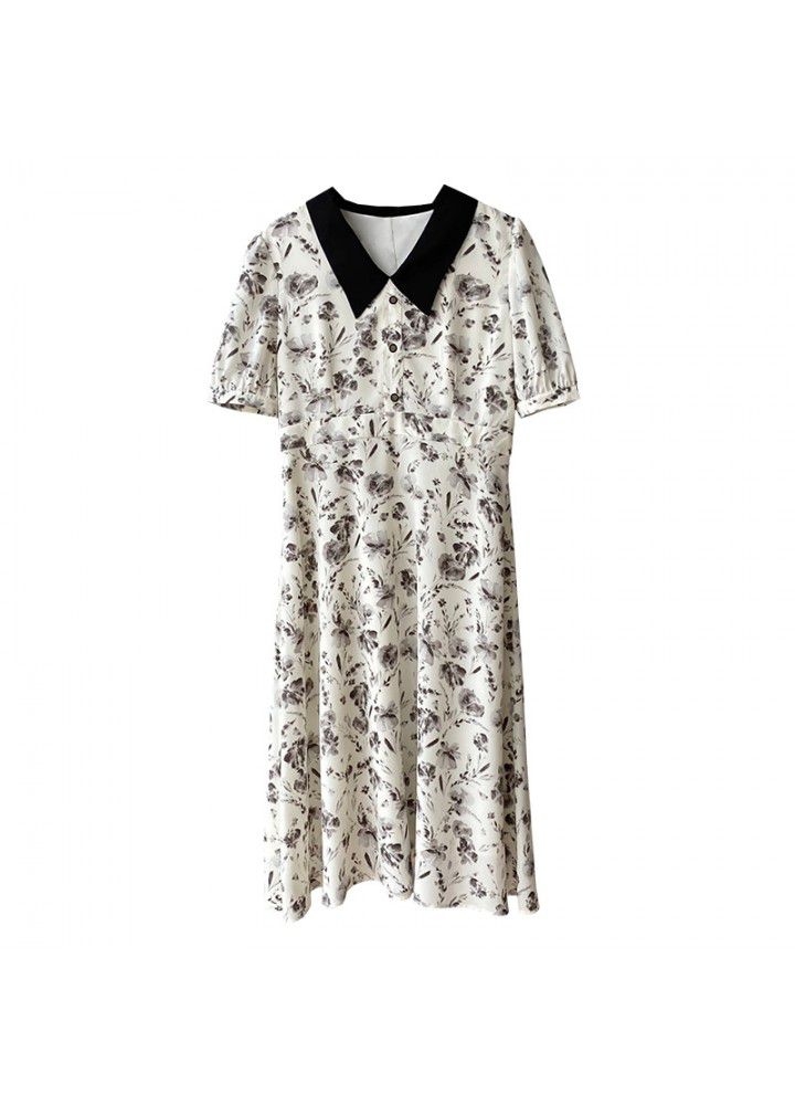 The fall of taochuan in early summer: French Hepburn dress women's 2021 Chiffon bubble sleeve contrast skirt 1952