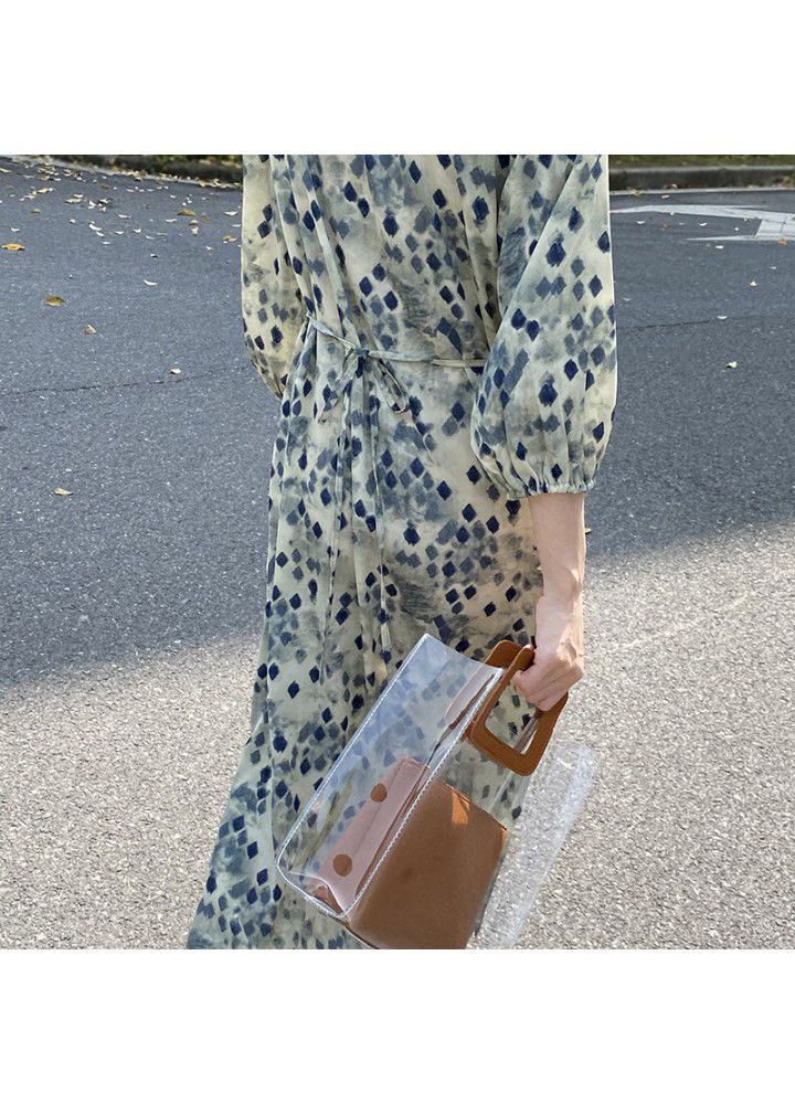 Zhicong evening waist V-neck Lantern Sleeve floral dress summer 2021 loose French halo dye temperament dress 3370