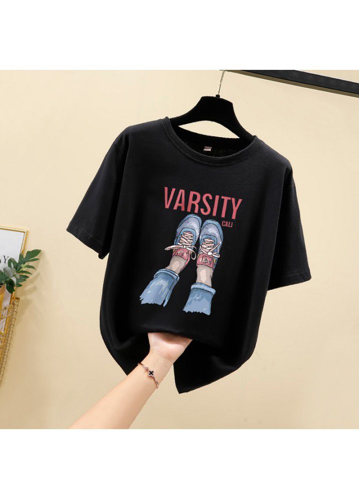 Pure cotton white short sleeve T-shirt women's ins foreign style BF loose and versatile Korean printed base shirt 2021 summer thin