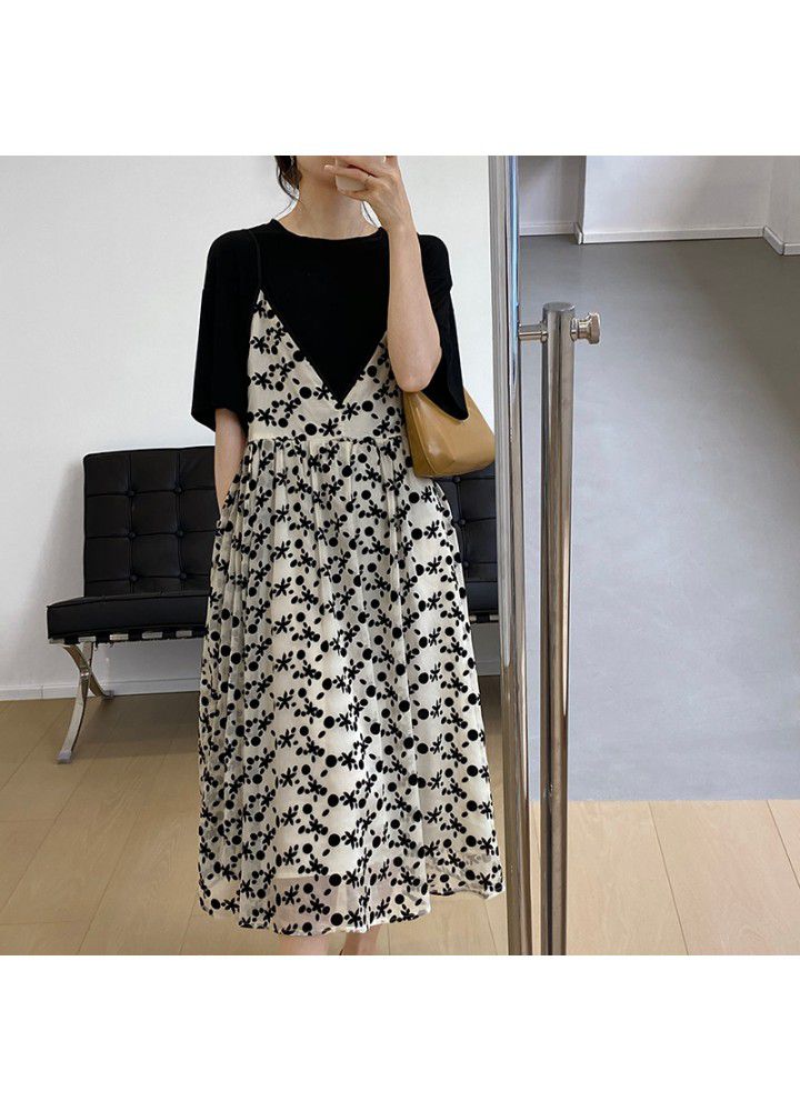 Taochuan flocking floral suspender dress women's 2021 RETRO art loose and thin V-neck Chiffon Dress 3373