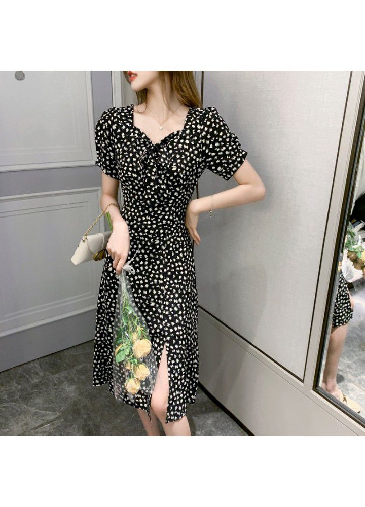 French retro floral Platycodon grandiflorum skirt summer 2021 new Korean split neck two wear holiday dress