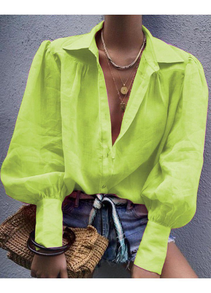Cross border wish Amazon eBay loose solid long women's shirt Lantern Sleeve Top suit collar shirt