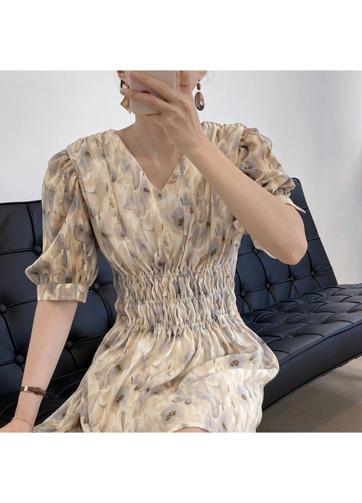 Taochuan gentle wind V-neck short sleeve floral dress women's summer 2021 waist fold French short skirt 5159