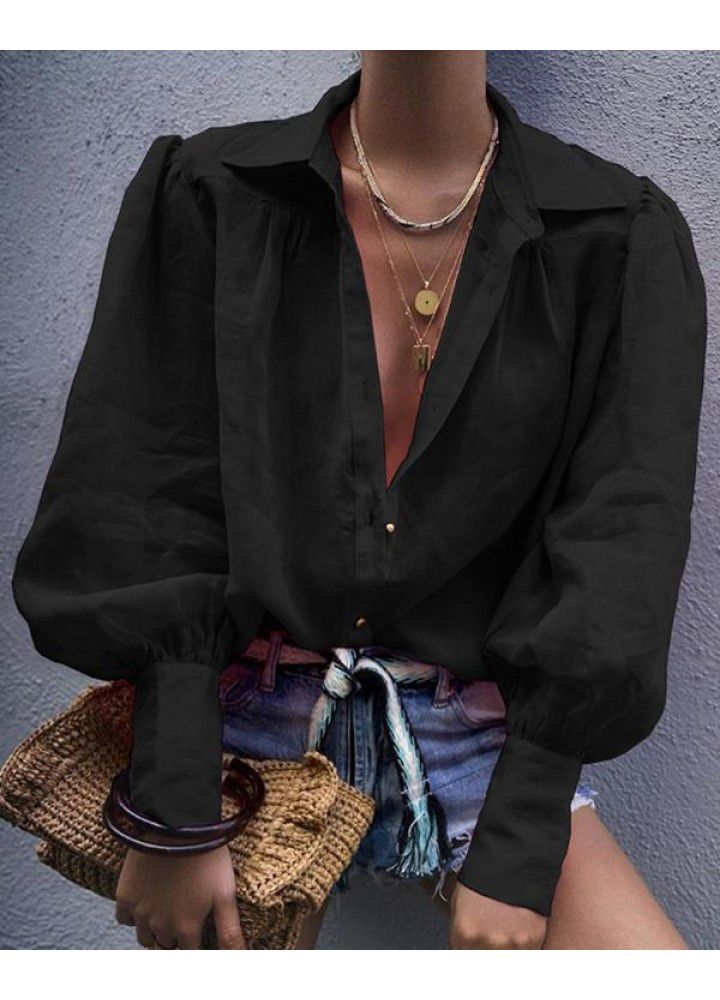 Cross border wish Amazon eBay loose solid long women's shirt Lantern Sleeve Top suit collar shirt