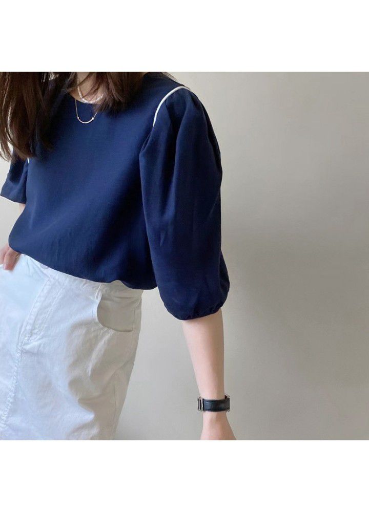 Women's cotton and hemp short sleeve shirt 2021 new Korean style bubble sleeve round neck Tencel hemp small top