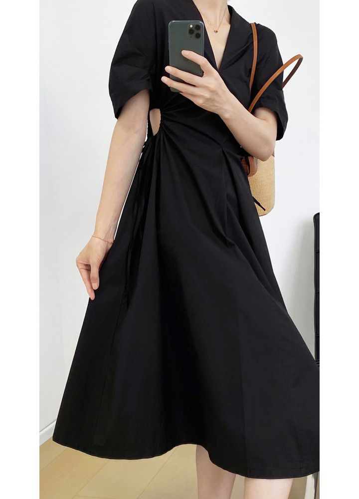 Taochuan Korean Hepburn drawstring open waist short sleeve dress women's summer design V-neck show thin temperament skirt 1963