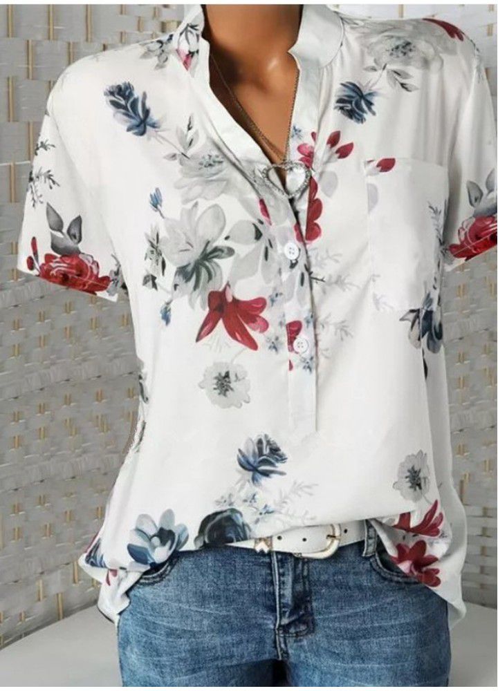 Quick sale wish Amazon eBay large size women's wear in Europe and America loose print V-neck blouse short sleeve blouse