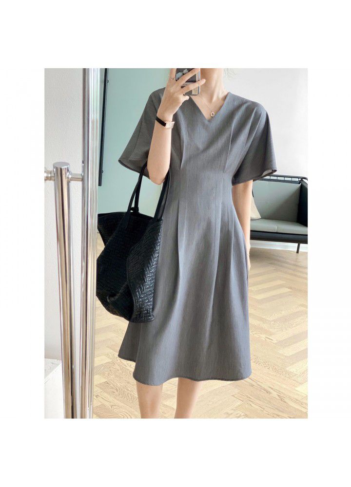 Zhicongxi 2021 summer new Korean French simple V-neck solid color dress women's mid length skirt 1825