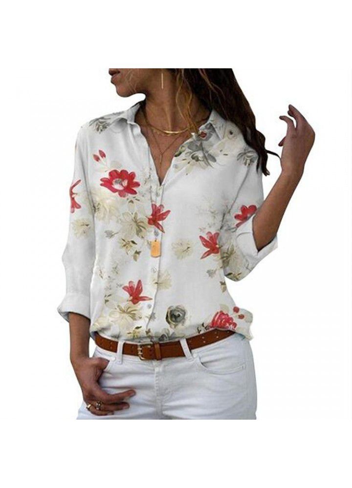 Cross border wish Amazon eBay European and American large women's loose blouse long sleeve V-neck printed shirt