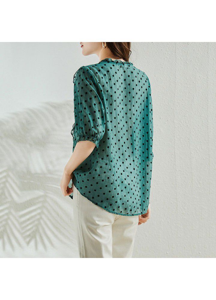 Green Dot Shirt women's summer wear thin 2021 new European fashion age reducing Chiffon Top