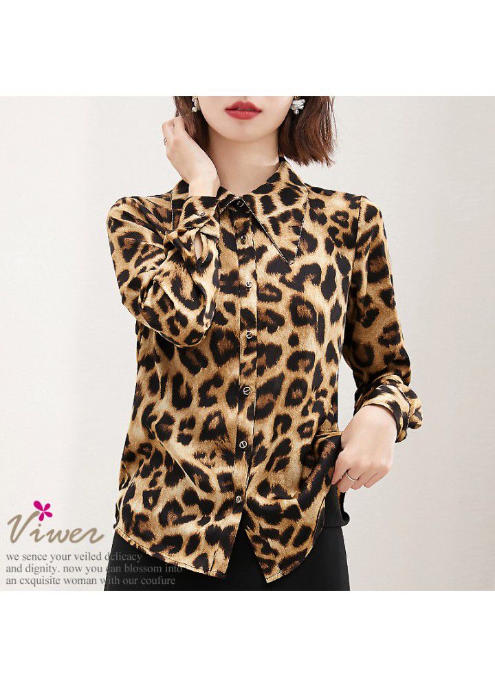 Leopard chiffon shirt long sleeve 2021 spring and autumn new Satin top slim with foreign style belly covering shirt