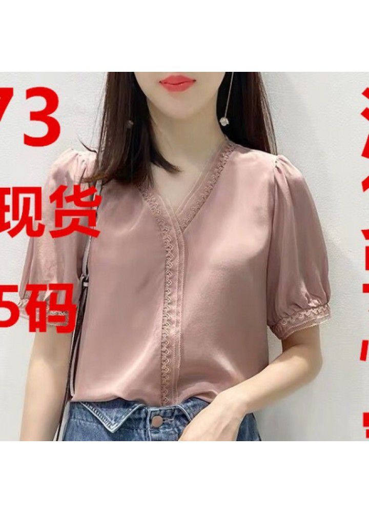 Black V-neck lace edge 2020 summer new short sleeve shirt women's design sense minority mulberry silk top