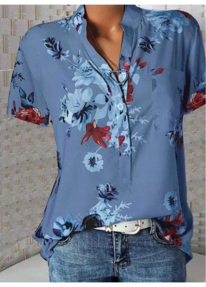 Quick sale wish Amazon eBay large size women's wear in Europe and America loose print V-neck blouse short sleeve blouse