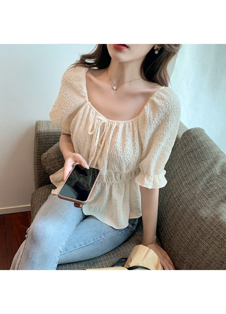 Real shot 2021 summer new Korean versatile Square Neck Lace Up bubble cloth waist down short sleeve shirt blouse