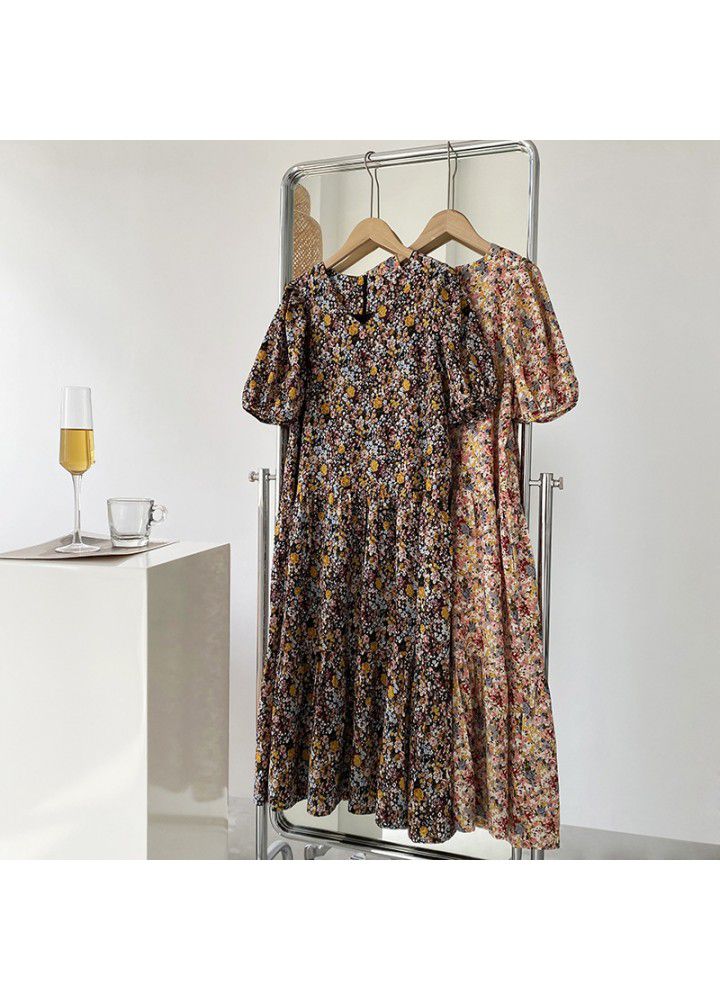 Zhicongxi gentle wind Long Floral dress women's 2021 summer bubble sleeve loose V-neck chiffon skirt 763