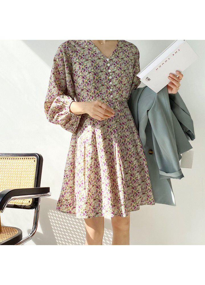 Zhicongxi gentle Lantern Sleeve short dress women 2021 early spring V-neck high waist Floral Chiffon Skirt 1921