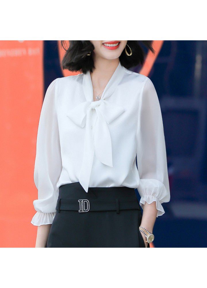Black shirt women's spring design feeling bow Chiffon Shirt New 2021 Korean fashion summer