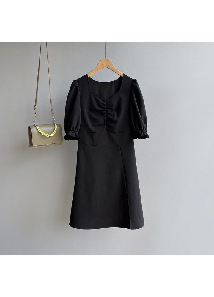 Taochuan French split black dress women's 2021 slim waist Hepburn first love skirt V-neck skirt 5153