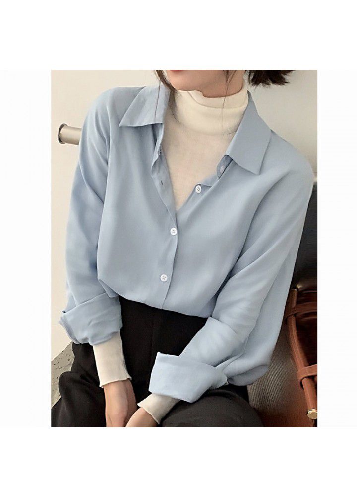 2021 new Korean blue shirt women's design career shirt loose long sleeve top