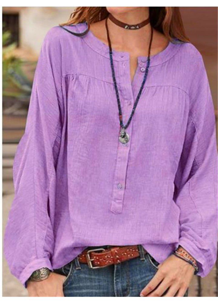2021 Amazon wish spring button solid long sleeve loose casual 7-color 8-size shirt