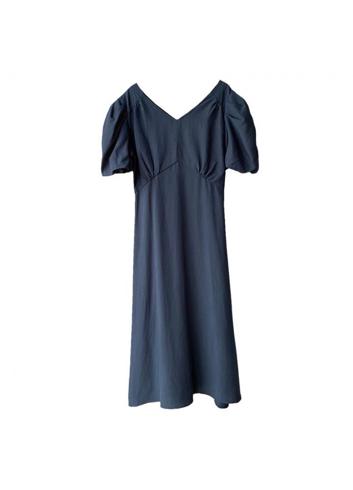 Taochuan French elegant V-neck solid color bubble sleeve dress women's 2021 summer short sleeve high waist long skirt word 5160