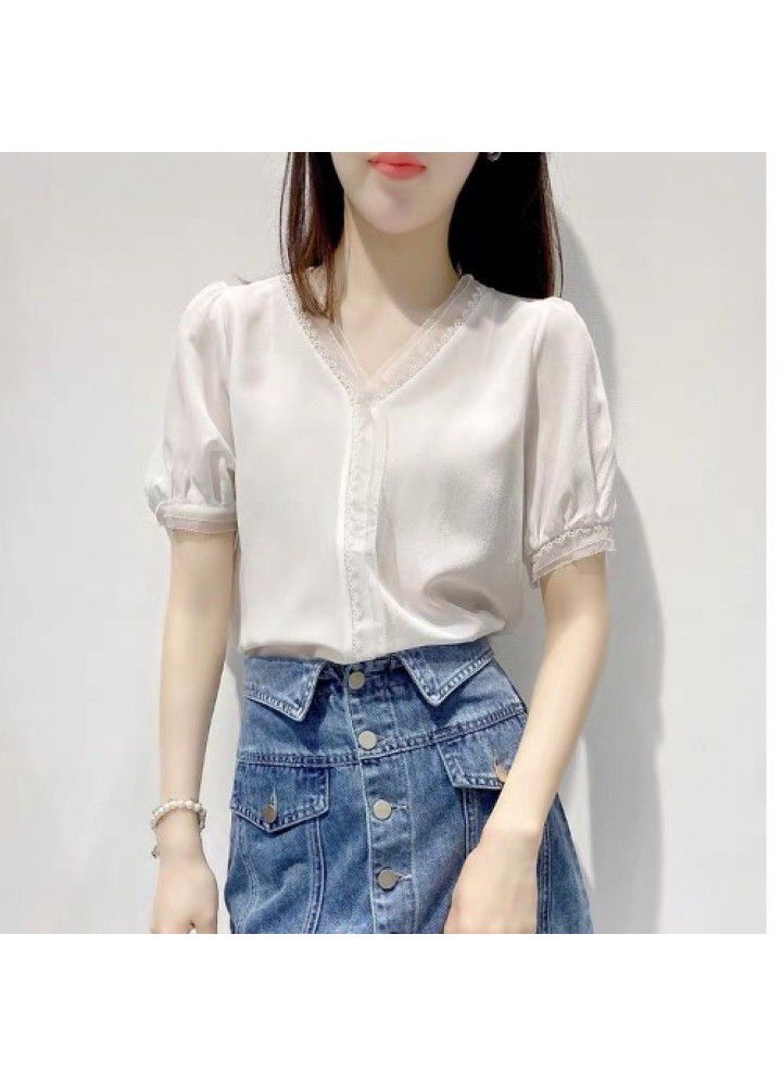 Black V-neck lace edge 2020 summer new short sleeve shirt women's design sense minority mulberry silk top