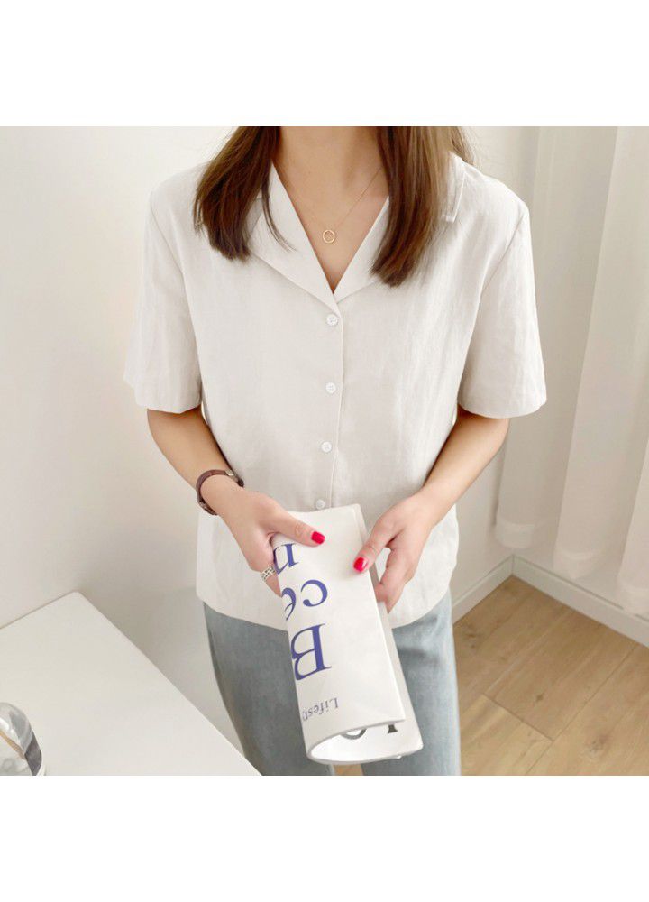 Short sleeve cotton and hemp shirt female 2021 summer thin shirt female small retro short white cardigan female