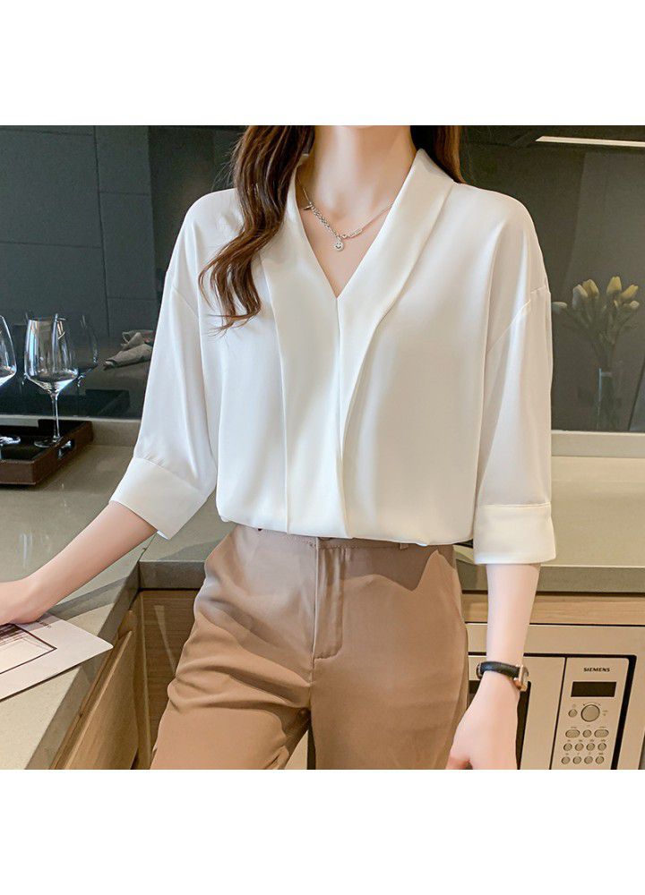Real shot spot 2021 summer chiffon shirt femininity V-neck 5-sleeve fashion placket show thin black top