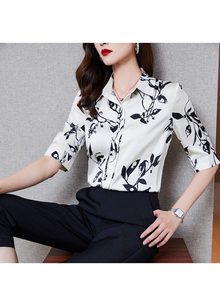 Satin Print Shirt slim design 2021 new summer fashion foreign style shirt Chiffon temperament top