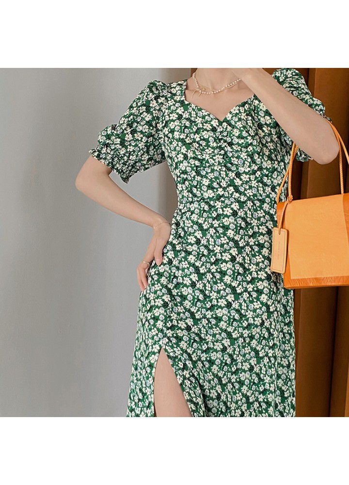 Taochuan French retro square neck waist split soft floral holiday dress women's long 2021 summer 1002
