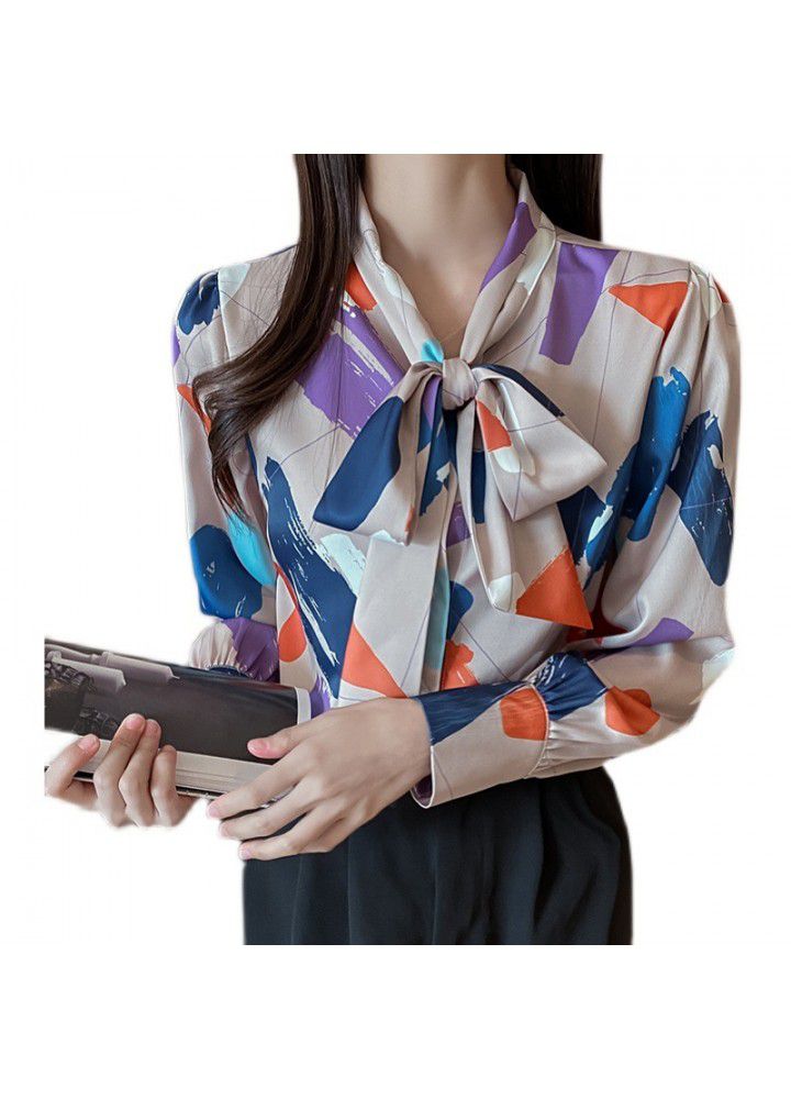 2021 design and color new style early spring bow tie lead fashion geometric print temperament Satin shirt