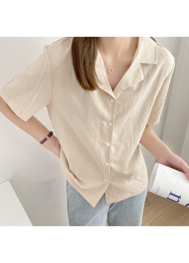 Short sleeve cotton and hemp shirt female 2021 summer thin shirt female small retro short white cardigan female