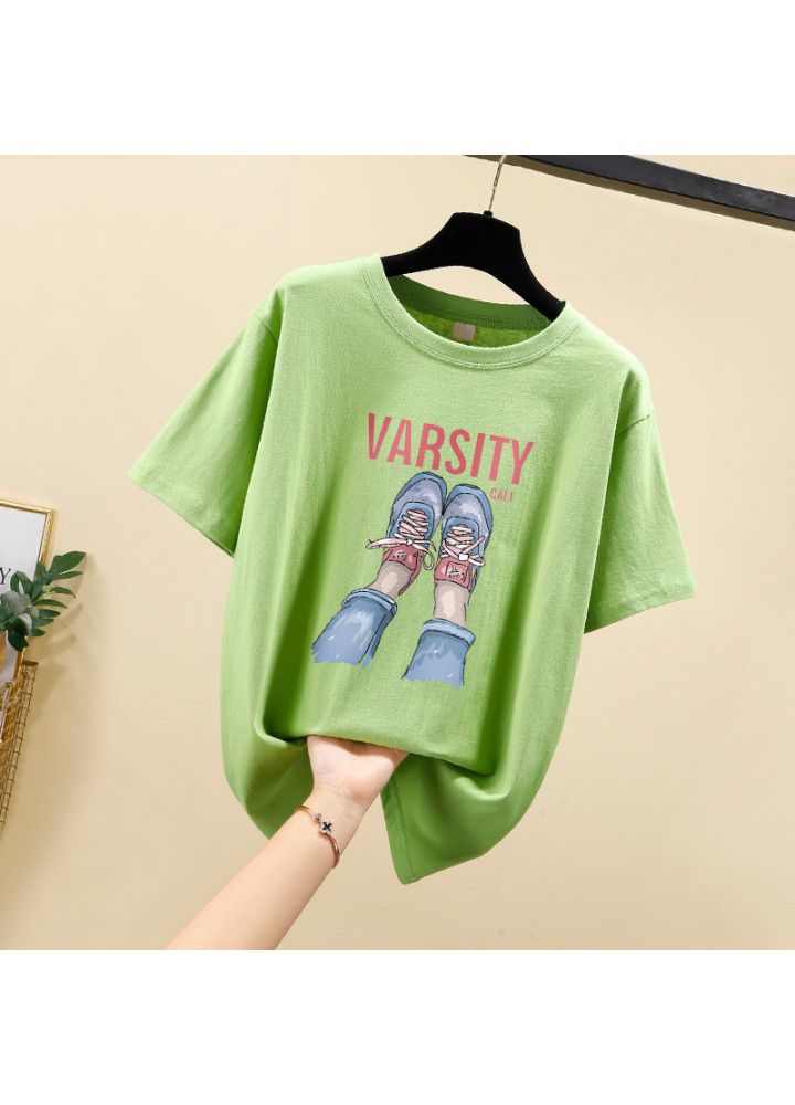 Pure cotton white short sleeve T-shirt women's ins foreign style BF loose and versatile Korean printed base shirt 2021 summer thin