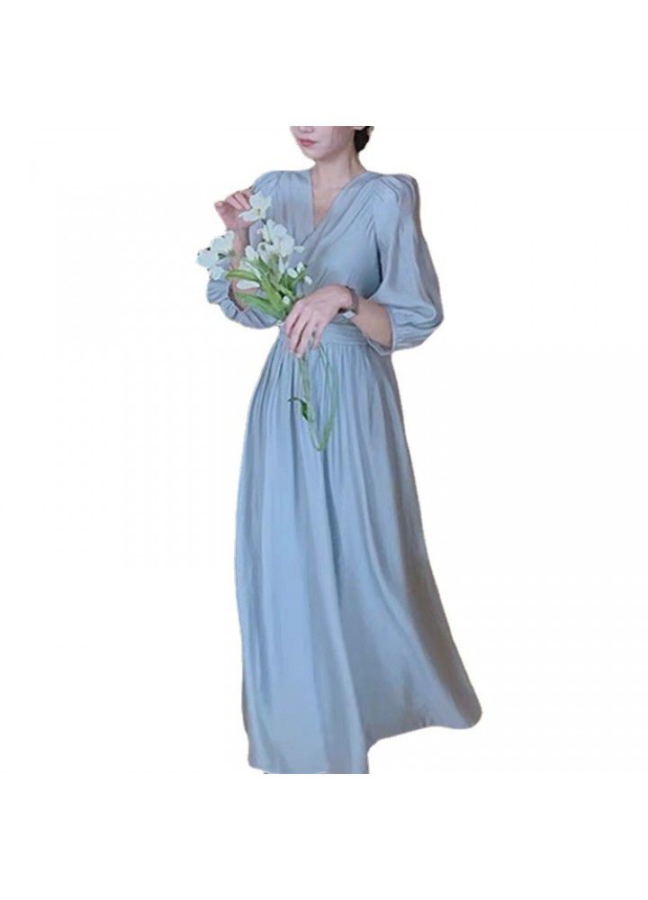 Summer 2021 new French gentleness tea break medium length blue chiffon dress Princess long skirt