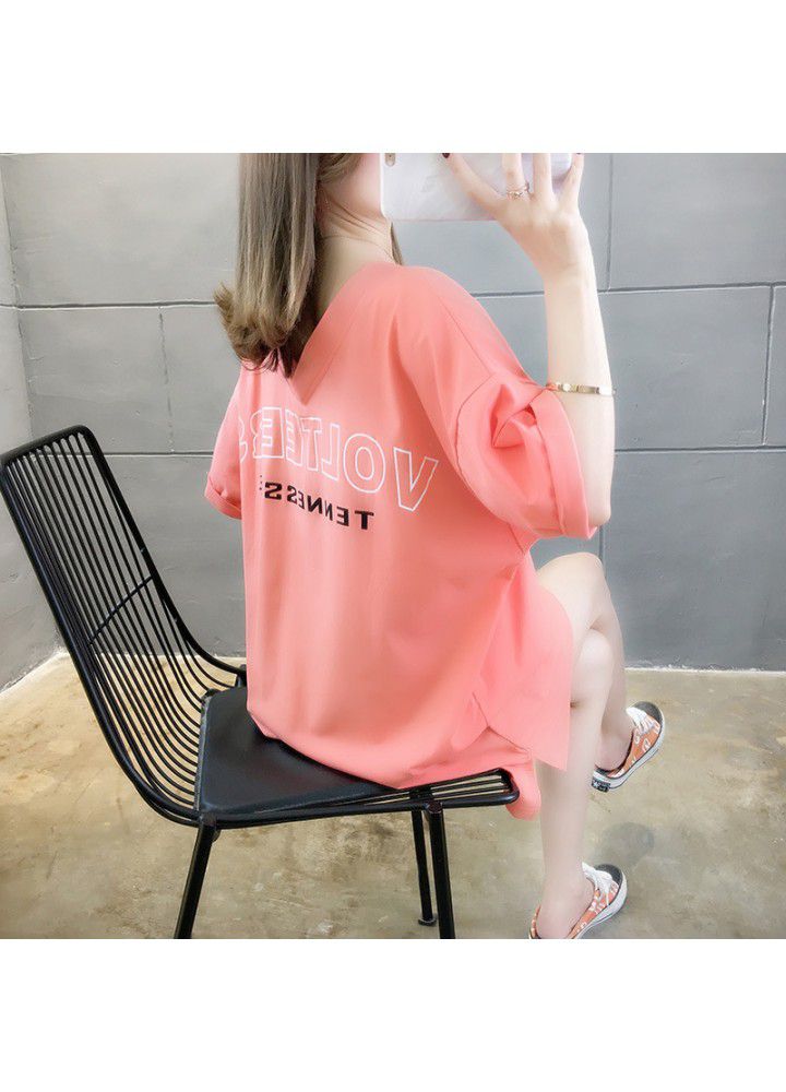 2021 new Korean large medium length V-neck short sleeve T-shirt women's fashion loose net red letter top
