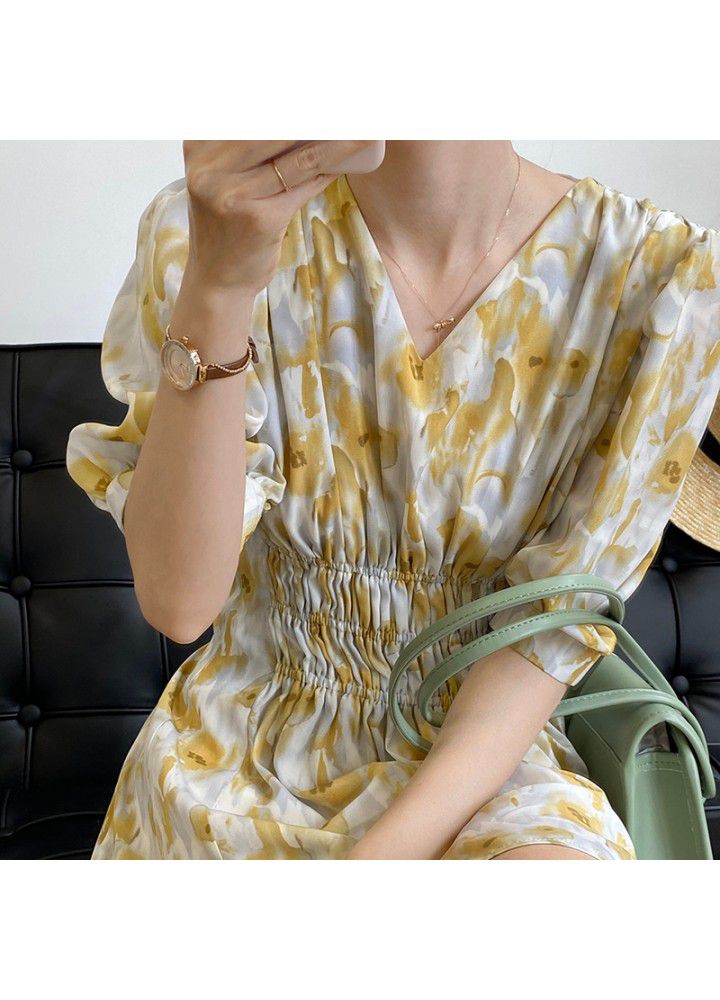 Taochuan gentle wind V-neck short sleeve floral dress women's summer 2021 waist fold French short skirt 5159