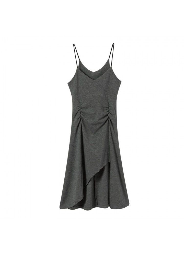 2021 new summer women's Retro slim waist French suspender dress with irregular split design