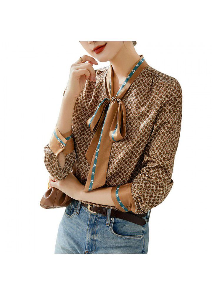 Ribbon foreign style top women's 2021 spring new fashion foreign style printed shirt women's long sleeve shirt temperament blouse