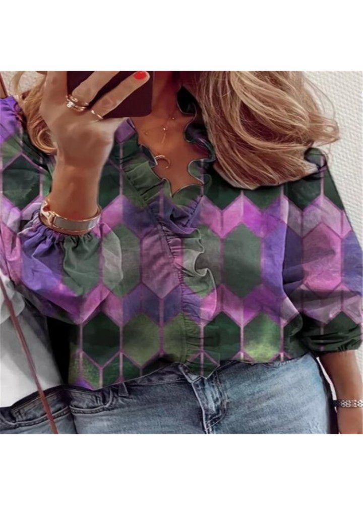 2021 Amazon wish express eBay spring and summer new European and American long sleeve printed Ruffle blouse