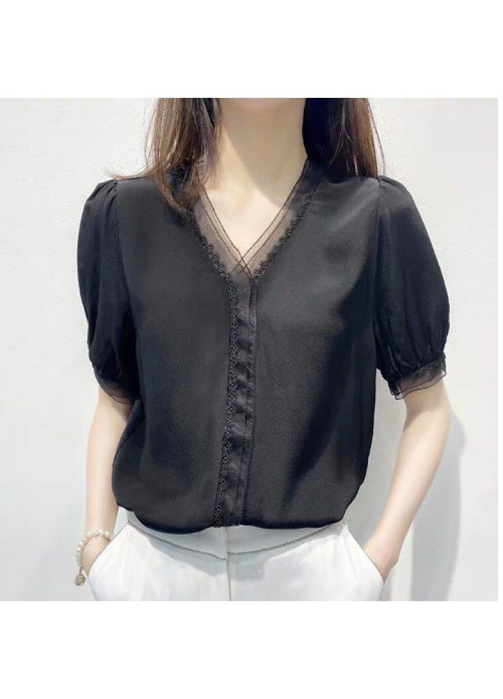 Black V-neck lace edge 2020 summer new short sleeve shirt women's design sense minority mulberry silk top
