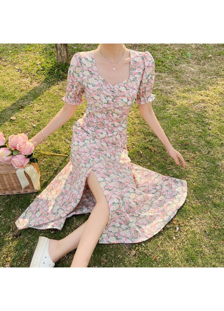 Monet oil painting skirt 2021 new spring retro V-neck tea break skirt split pure French floral dress women's summer