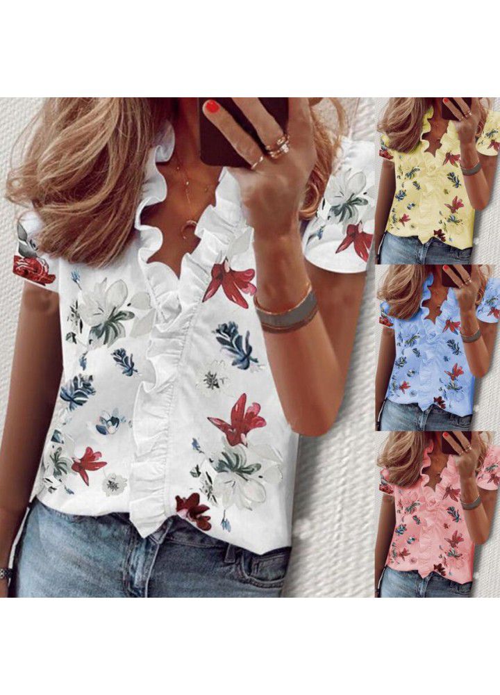 2020 summer new Amazon eBay express Europe and America flower printing Ruffle short sleeve shirt women's wear