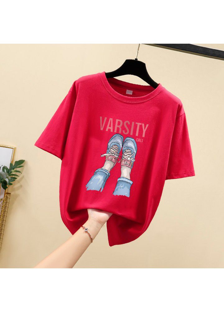 Pure cotton white short sleeve T-shirt women's ins foreign style BF loose and versatile Korean printed base shirt 2021 summer thin