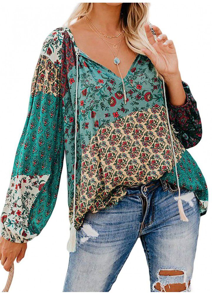 Cross border wish Amazon eBay printed large V-Neck long sleeve pullover shirt loose drawstring Top Blouse
